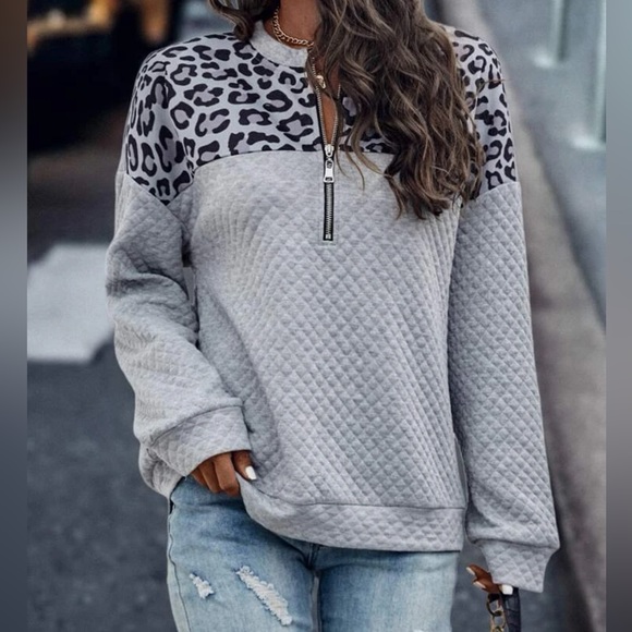 SHEIN Lune Leopard Panel Half Zip Sweatshirt - Picture 3 of 7